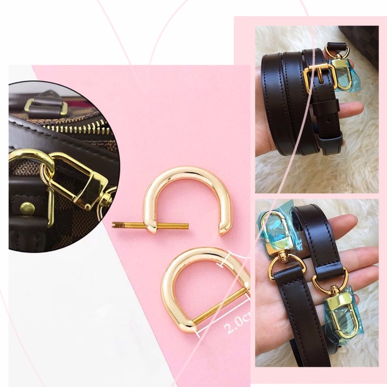May include: Two gold-toned metal D-rings with a screw post, a brown leather strap with gold-toned hardware, and a close-up of a brown leather bag with gold-toned hardware. The D-rings measure 2.0 cm in diameter.
