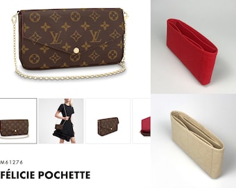 May include: A brown and gold chain purse with a brown and gold monogram pattern. The purse has a flap closure and a gold chain strap. The purse is shown on a white background. The text "M61276 FÉLICIE POCHETTE" is shown below the purse.