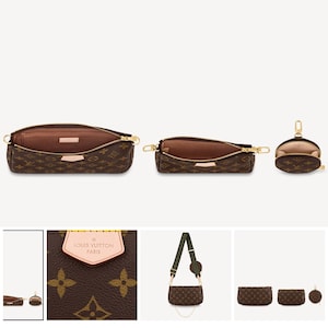 May include: A brown and tan monogrammed Louis Vuitton handbag with a gold chain strap and a matching coin purse. The bag is open to show the interior lining.