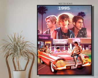 May include: A retro-style illustration featuring three young men in a red car with a 1995 backdrop. The car is driving down a street with palm trees and shops. The text "VHS Store" is visible on one of the shops.