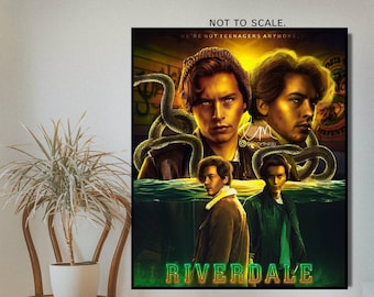 May include: A framed poster featuring multiple images of a man with a snake graphic. The word "RIVERDALE" is in green neon text. The poster is displayed on a white wall, next to a wooden chair and a plant.