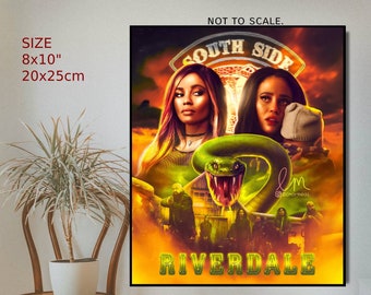 May include: A poster with a dark background and a fiery orange glow. The poster features two women with dark hair and a green snake. The text "SOUTH SIDE" and "RIVERDALE" are visible on the poster.