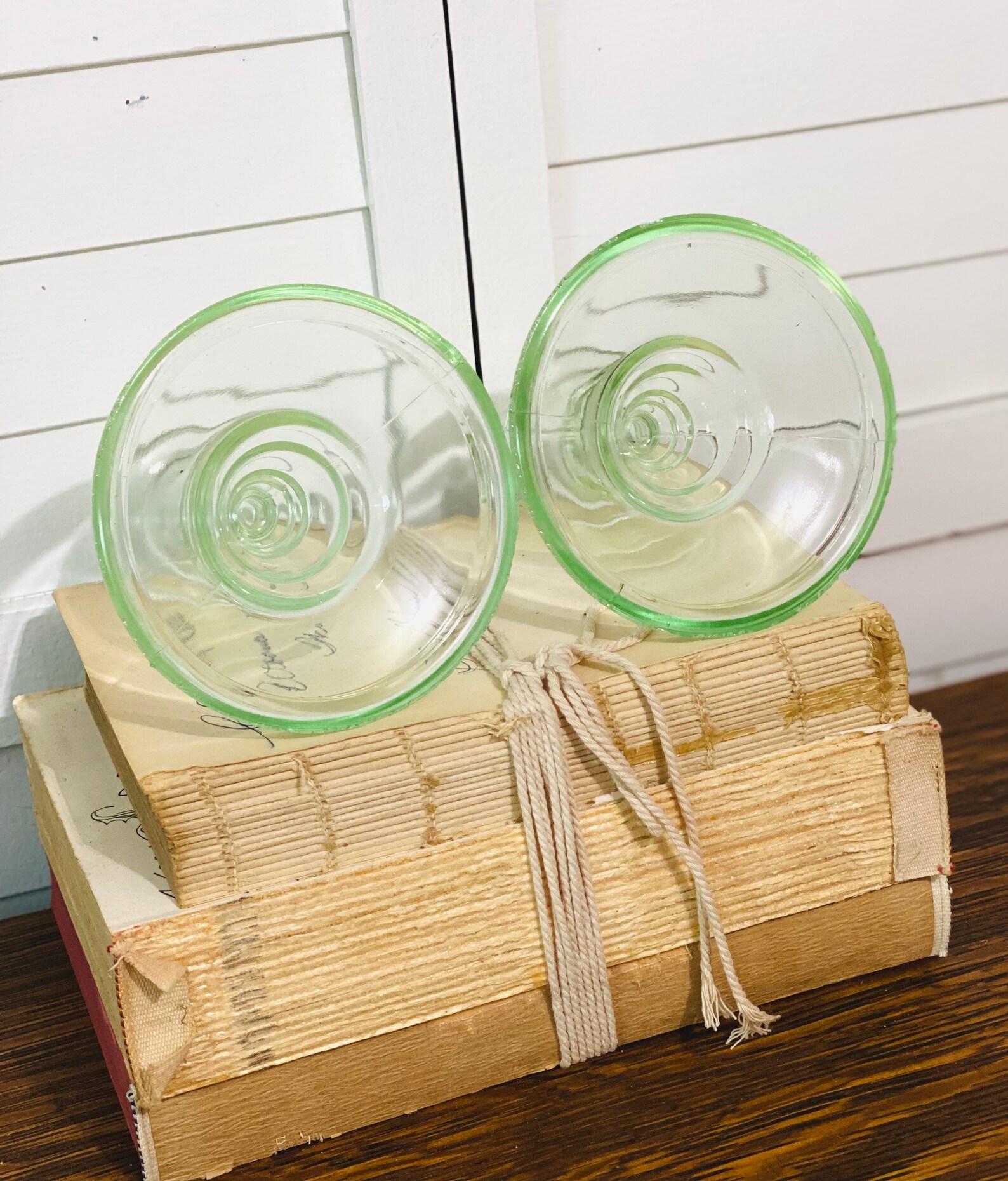 Antique Green Depression Glass Candle Holders Vintage Candle Etsy