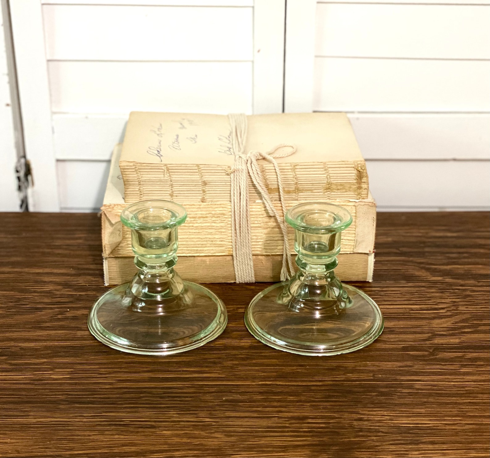 Antique Green Depression Glass Candle Holders Vintage Candle Etsy