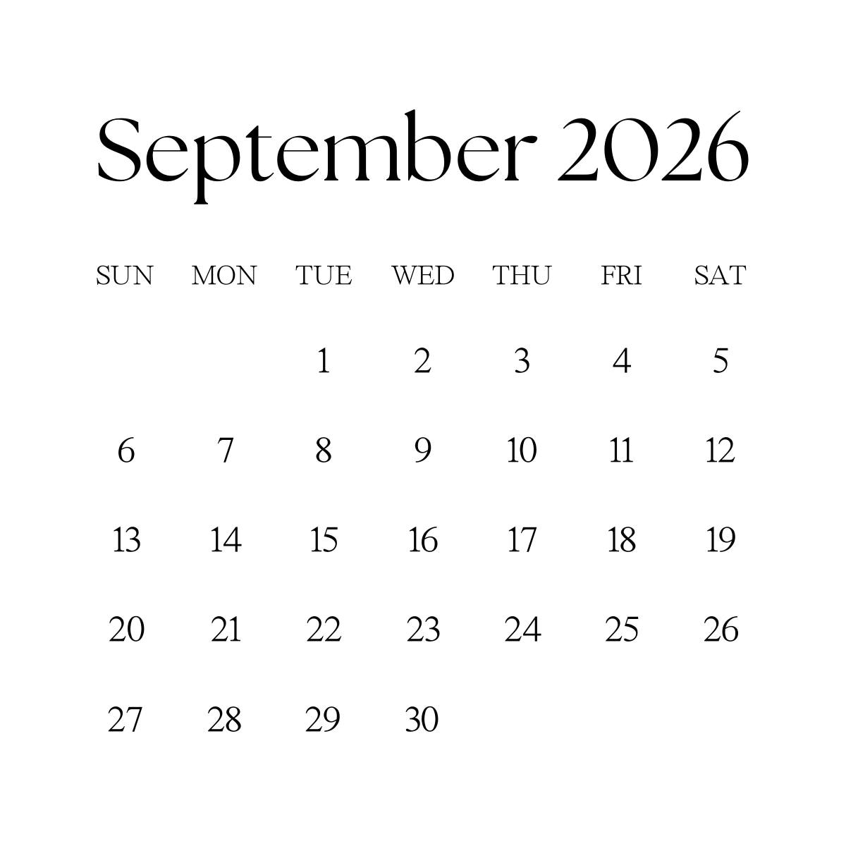 September 2026 Calendar Printable: Square Wedding Save-the-date ...