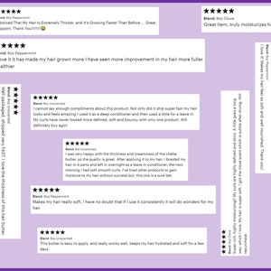 May include: A collection of eight five-star customer reviews for hair butter products, including Peppermint, Clove, and Unscented 8oz blends. The text blocks feature testimonials about hair growth, softness, moisture, and texture on a light purple background.