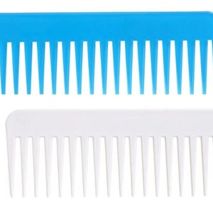 May include: Two plastic combs, one blue and one white, with fine teeth. Both combs are designed for detangling and styling hair.