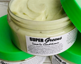 SUPER GREENS Leave In Deep Conditioner for Longer Healthier Hair w/ Aloe Avocado Rosemary Spirulina Moringa Green Tea Mint Horsetail & more!