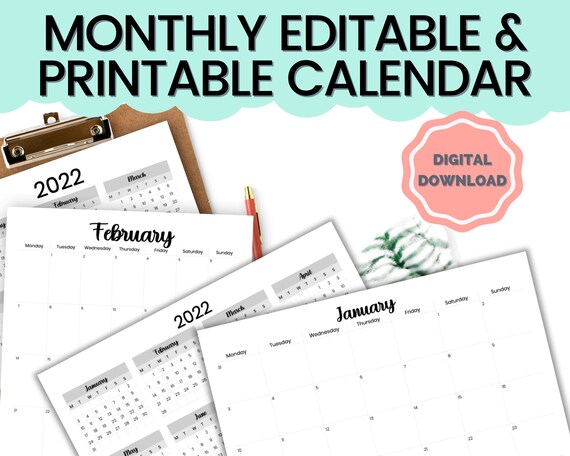 printable editable monthly calendar 2022 editable calendar etsy