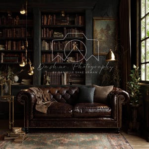 May include: A luxurious, tufted brown leather sofa in a dimly lit library setting. The room features a dark wood bookcase filled with books, a framed landscape painting, and a patterned rug. Gold accents include hanging lamps and a side table.