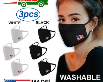Made in USA(3 Pieces in 1 Pack)-Flag Face mask-Washable-100 % pure Cotton-Black-White-Adult size-Unisex-Double layered- Ships Fast