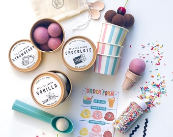 Felt Ice Cream Kit - Wool Felt Scoops, 3D Printed Ice Cream, Ice Cream Shop Sensory Kit, Ice Cream Gift, Ice Cream Party, Sensory Play