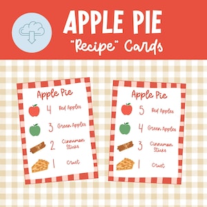 May include: Two rectangular recipe cards for Apple Pie featuring a red and white checkered border. Each card lists ingredients with illustrations: red apples, green apples, cinnamon sticks, and a slice of pie. The text reads Apple Pie Recipe Cards.