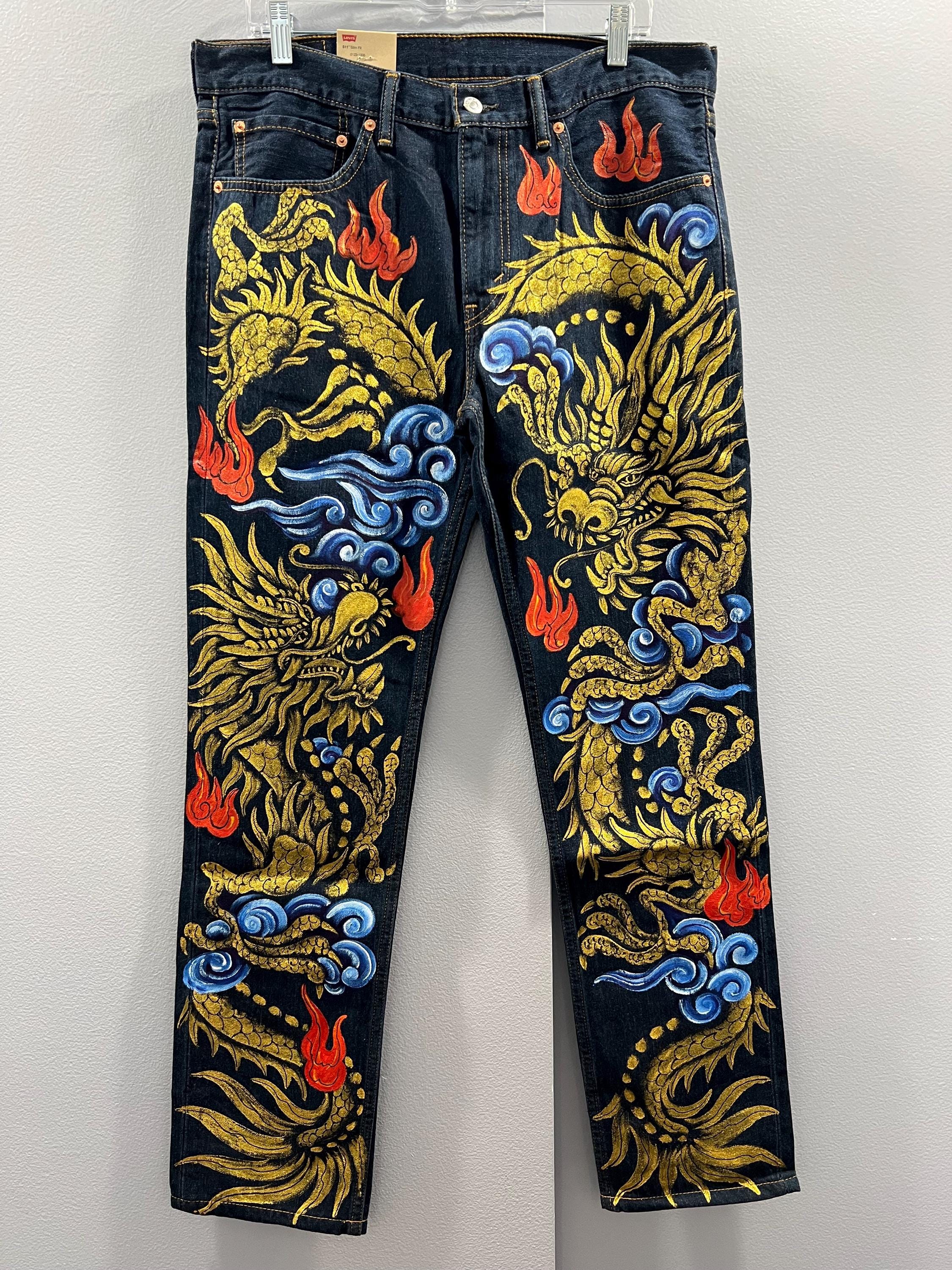 New Wearable Art Hand Painted DRAGON MATES YINGYANG Men Denim