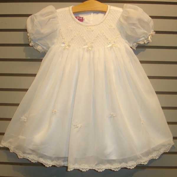 NEW Boutique Design Hand Embroidered Beaded Smocked Dress Children Baby Girl Cream WHITE