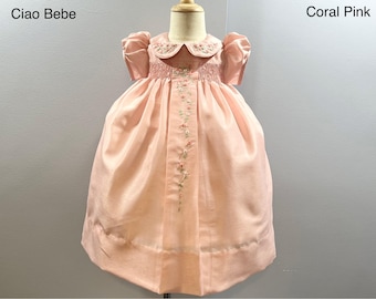 NEW Boutique Design Hand Embroidered Smocked Dress Children Baby Girl CORAL PINK Ciao Bebe