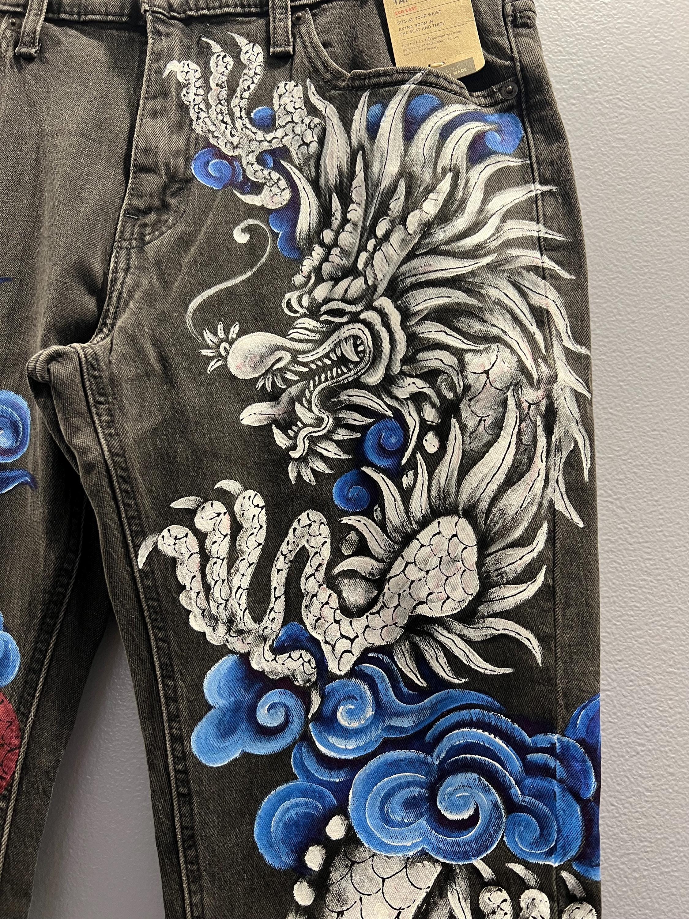 New Wearable Art Hand Painted DRAGON PHOENIX YINGYANG Men Denim