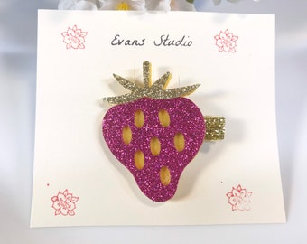 Handmade Glitter Metallic STRAWBERRY FRUIT Hair Clip