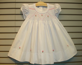 NEW Boutique Design Hand Embroidered Smocked Dress Children Baby Girl ROSE White FLOWER