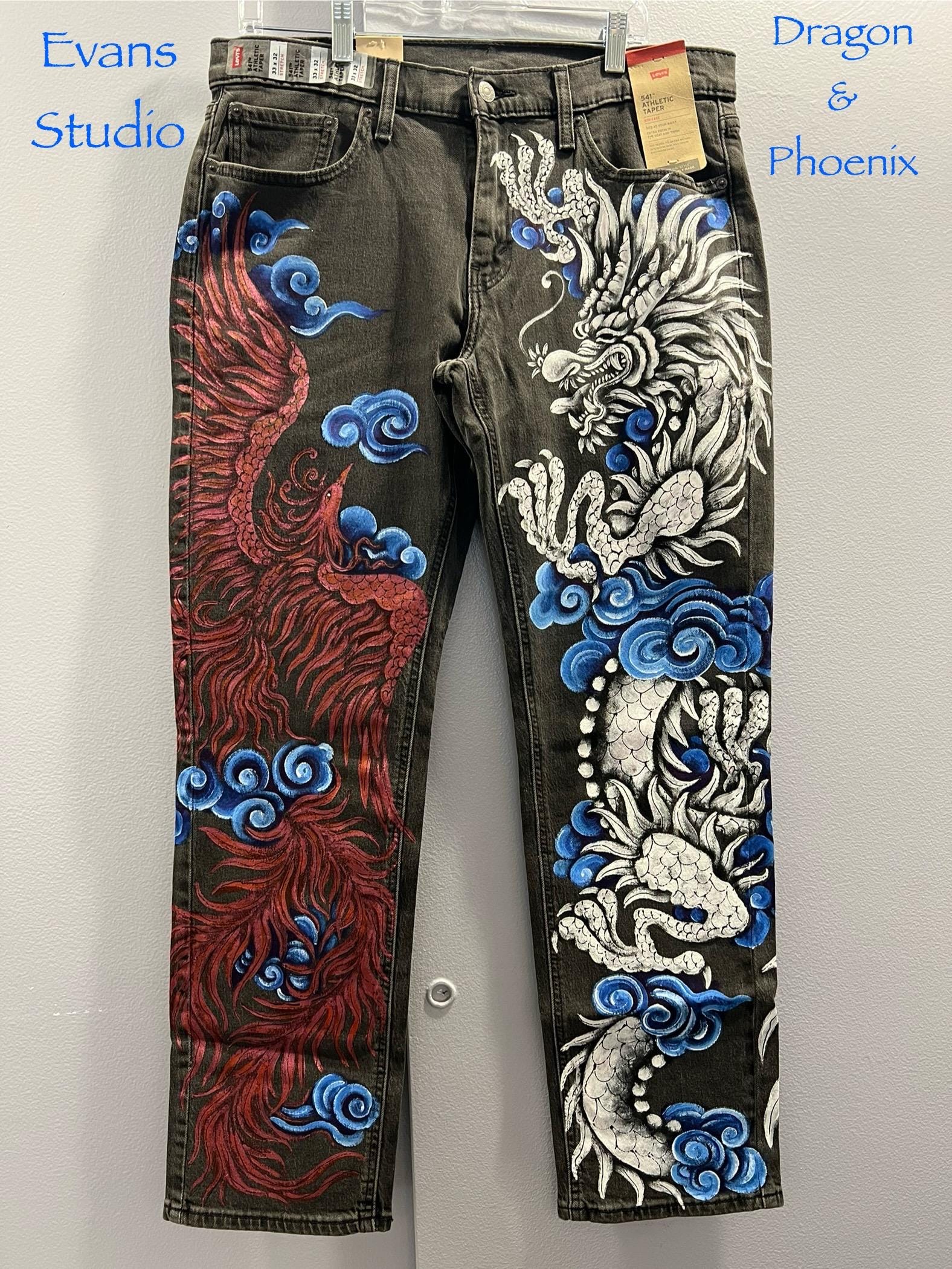 New Wearable Art Hand Painted DRAGON PHOENIX YINGYANG Men Denim