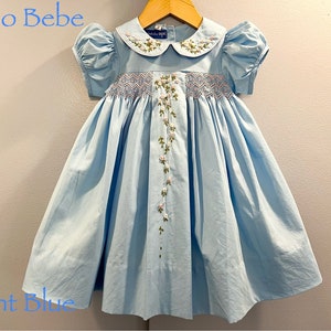 Daisy Embroidered Hand Smocked Long Sleeve Dress in Blue (18mths-8yrs)