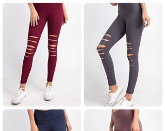 Ripped Full Length Wide Waist Band With Laser Cut High Rise butter Yoga leggings