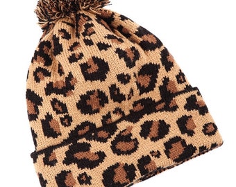 Animal Print Pom Pom Winter Knitted Acrylic Beanies