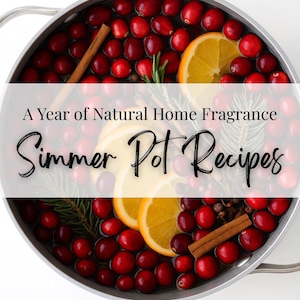 May include: A stainless steel pot filled with cranberries, orange slices, cinnamon sticks, and rosemary. The image text reads "A Year of Natural Home Fragrance Simmer Pot Recipes" and "Maness Family Farm".