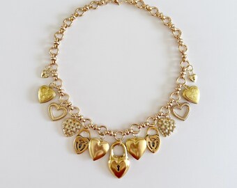 Endless Love Gold Plated Statement Vintage Charm Necklace / Antique Heart Lock Locket Coquette Raw Brass Charms