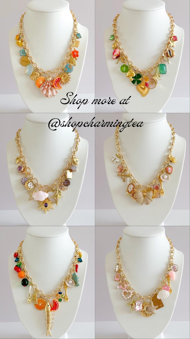 Peut inclure: Six colliers dor&eacute;s &agrave; breloques sur des bustes blancs. Chaque collier pr&eacute;sente des breloques color&eacute;es, notamment des coquillages, des fleurs et des formes g&eacute;om&eacute;triques. Le texte "Shop more at @shopcharmingtea" est visible.