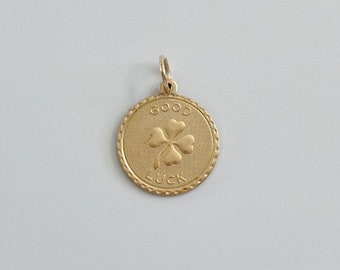 Vintage Good Luck Clover Circle Coin Raw Brass Charm 22x20mm