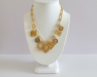 Corazón Gold Plated Statement Vintage Charm Necklace / Turquoise Diamond Hearts Heart Love Coquette Raw Brass Charms