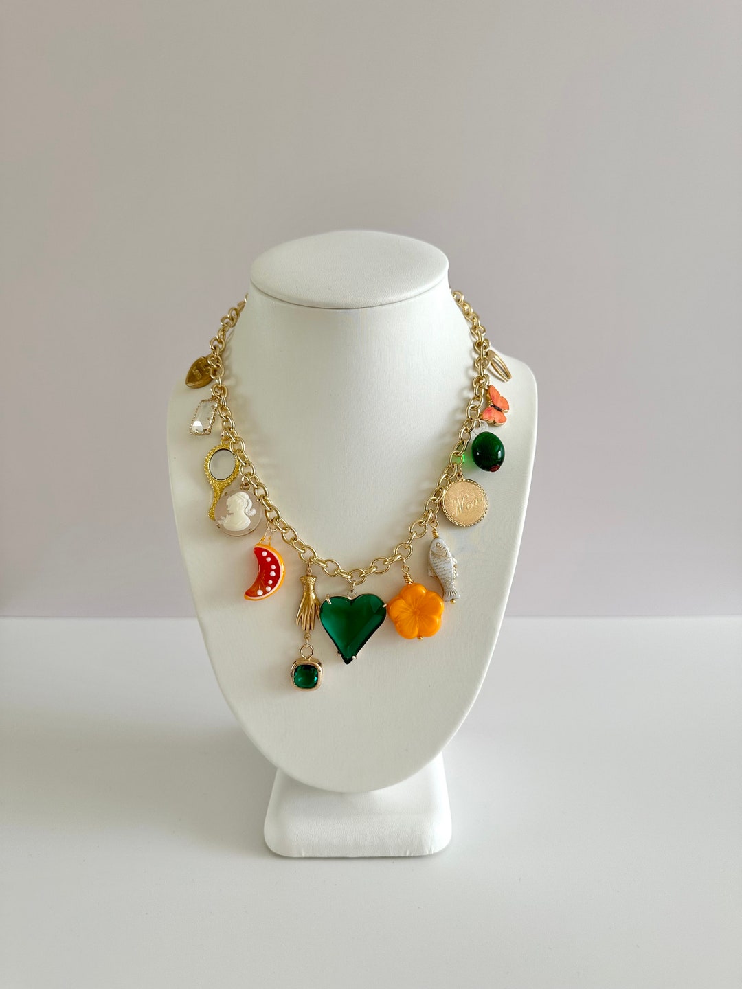 Emerald Green Glass Heart Pendant Gold Plated Statement Etsy