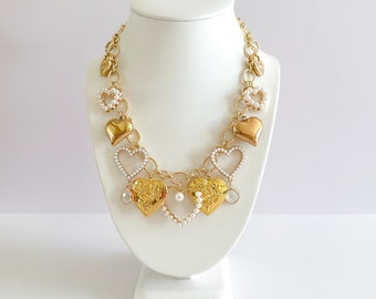 Pearl Lovers Gold Statement Vintage Charm Necklace / Love Puffy Heart Coquette Raw Brass Charms