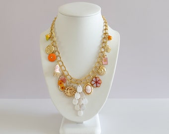 European Summer Gold Plated Vintage Statement Charm Necklace / Cameo Locket Floral Resin Orange Mango Seashell Vacation Raw Brass Charms