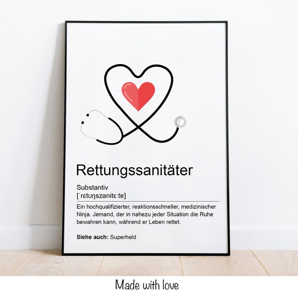 Paramedic Black and White Definition Poster: DIN A4 Poster, Apartment, Gift Living, Decoration, Typography, Moving, Rescue