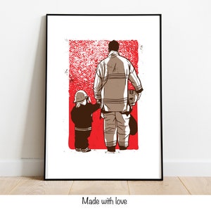 Cartel Bombero con niño: DIN A4 Cartel Bombero, regalo, vivir, decoración, tipografía, bomberos, llama, niño, padre