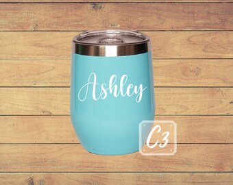 Seafoam Blue Insulated Wine Tumbler with lid and straw, Custom Wine Tumbler with Name, Personalized Tumbler, Stemless Wine Cup with Lid