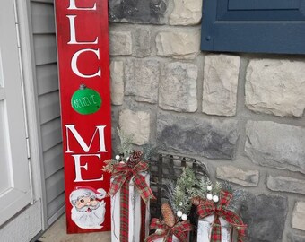 Letrero rojo de bienvenida de Navidad / Decoración navideña / Letrero grande de Papá Noel pintado / Letrero exterior para porche delantero / Decoración navideña / Decoración de Papá Noel