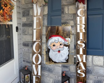 Letrero de bienvenida reversible de Papá Noel para exteriores/Tablero de puerta de entrada de 2 lados/Letrero de bienvenida/Letreros de granja/Decoración rústica para exteriores/Letrero navideño para porche