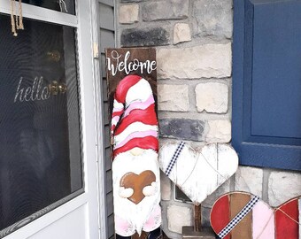 Spring Front Porch gnome Sign Valentine's Day Porch Sign | Gnome Sweet Gnome Vertical Sign | Gnome Welcome Sign | Farmhouse Primitive Decor