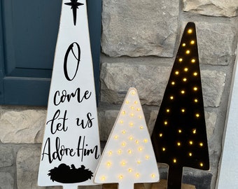 Árboles de Navidad con luz / Conjunto de árbol de Navidad de la Natividad / Decoración navideña de granja / Arte rústico para jardín / Letrero de la Natividad / Decoración navideña para exteriores