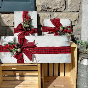 Farmhouse rustic faux wood presents. Christmas porch decor . Primitive Christmas decor. Farmhouse outdoor decor. Mantle wooden presents.
