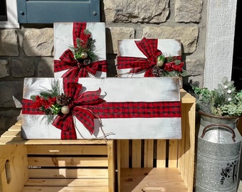 Regalos rústicos de imitación madera de granja. Decoración navideña para porche. Decoración navideña primitiva. Decoración rústica para exteriores. Regalos de madera para repisas.