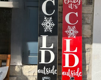 Letrero de "Hace frío afuera" para el porche. Letrero con pintura de muñeco de nieve. Decoración navideña. Letrero rústico de bienvenida para el porche. Letrero de invierno para la puerta.