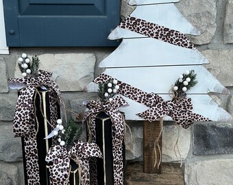 Regalos de imitación madera con estampado de guepardo. Decoración navideña para porche. Decoración navideña con bloques de madera. Decoración rústica para exteriores. Regalos de madera para repisa de 4x4.