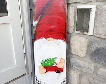 Gnomo de porche rústico navideño / Letrero de bienvenida vertical de granja / Decoración de cuadros de búfalo / Letrero exterior de porche delantero / Letrero de camión rojo / festivo