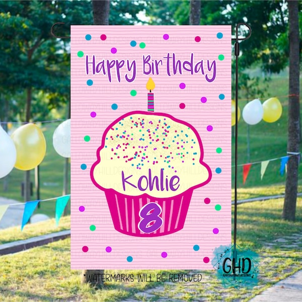 Happy Birthday Garden Flag + FREE SHIPPING, Cupcake Birthday Flag, Personalized Garden Flag, Girl Garden Flag,  Boy Garden Flag, Birthday