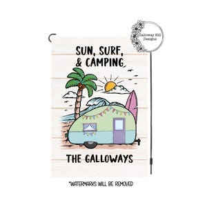 Sun, Surf, & Camping Garden Flag |  Camping Flag | Personalized Garden Flag | Camping Gear | Camping Sign | Beach Camping | Camping Gift