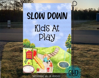 Slow Down Kids At Play Garden Flag + FREE SHIPPING, Outdoor Decor, Children Playing, Personalized Flag, Yard Art, Children At Play